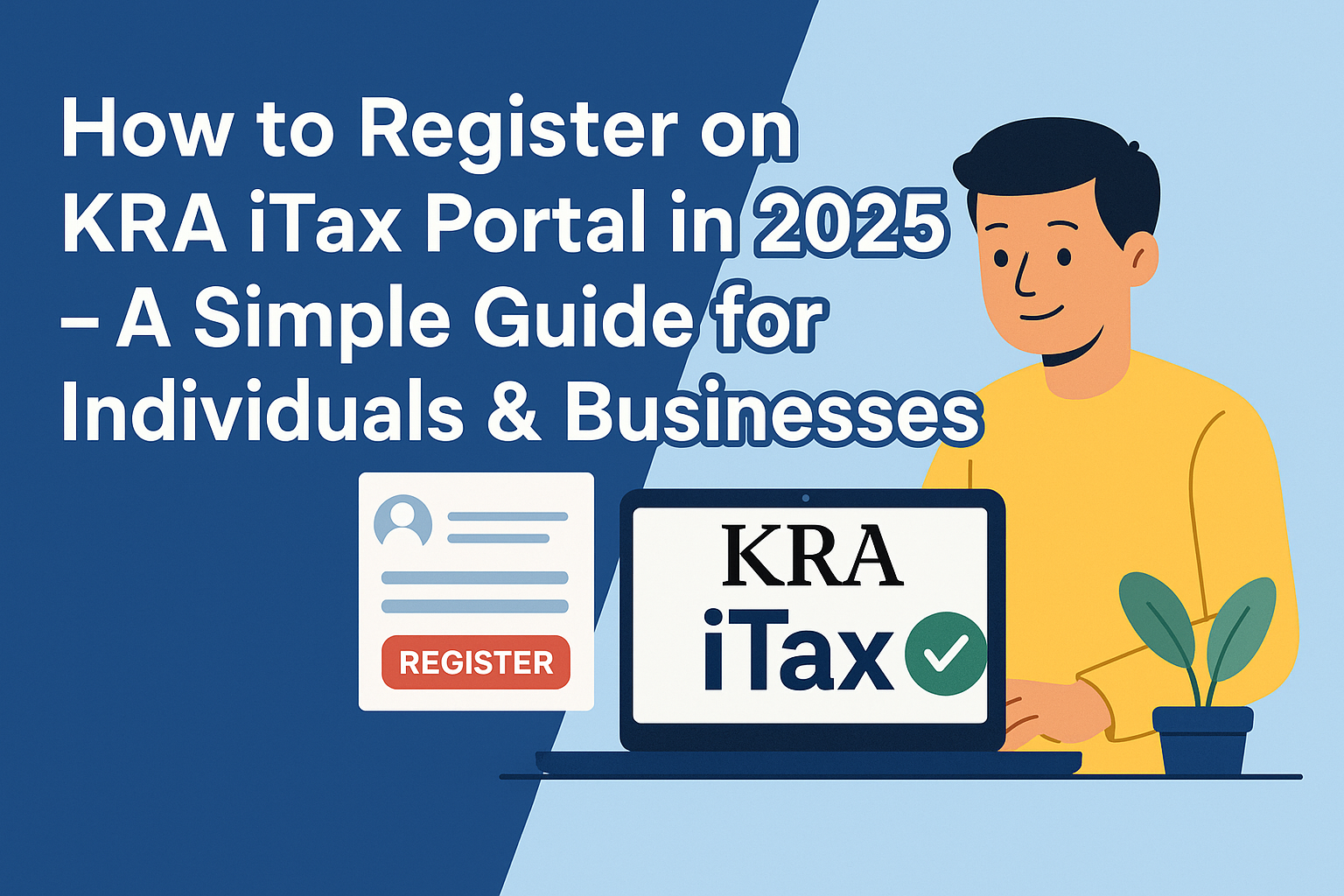 Illustration of a smiling person using a laptop displaying the KRA iTax logo, with a 'Register' icon and the title 'How to Register on KRA iTax Portal in 2025 – A Simple Guide for Individuals & Businesses' on a blue background