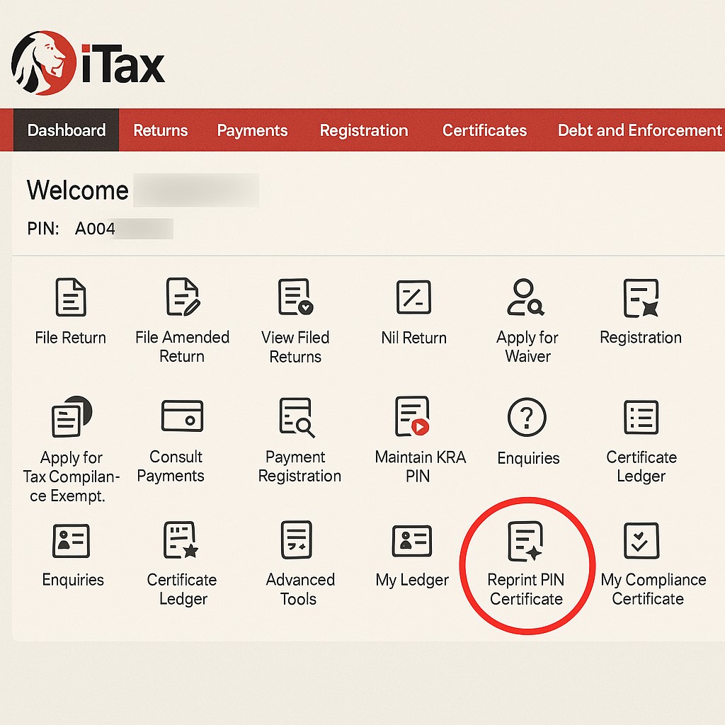 screenshot of itax dashboard with “reprint pin certificate” highlighted